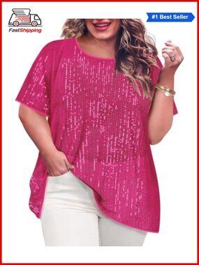 ✨ Plus Size Sequin Tops for Women Crewneck Sparkly Slimming Tunic Party Top